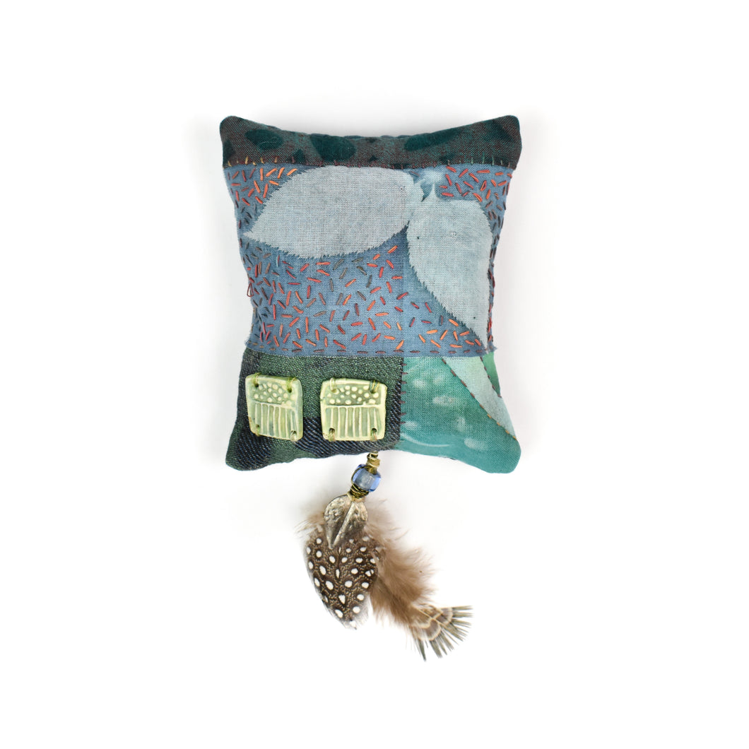 Sharon McCartney Sense of Wonder Square Blue/Green with Two Ceramic Squares & Feathers Wall Amulet