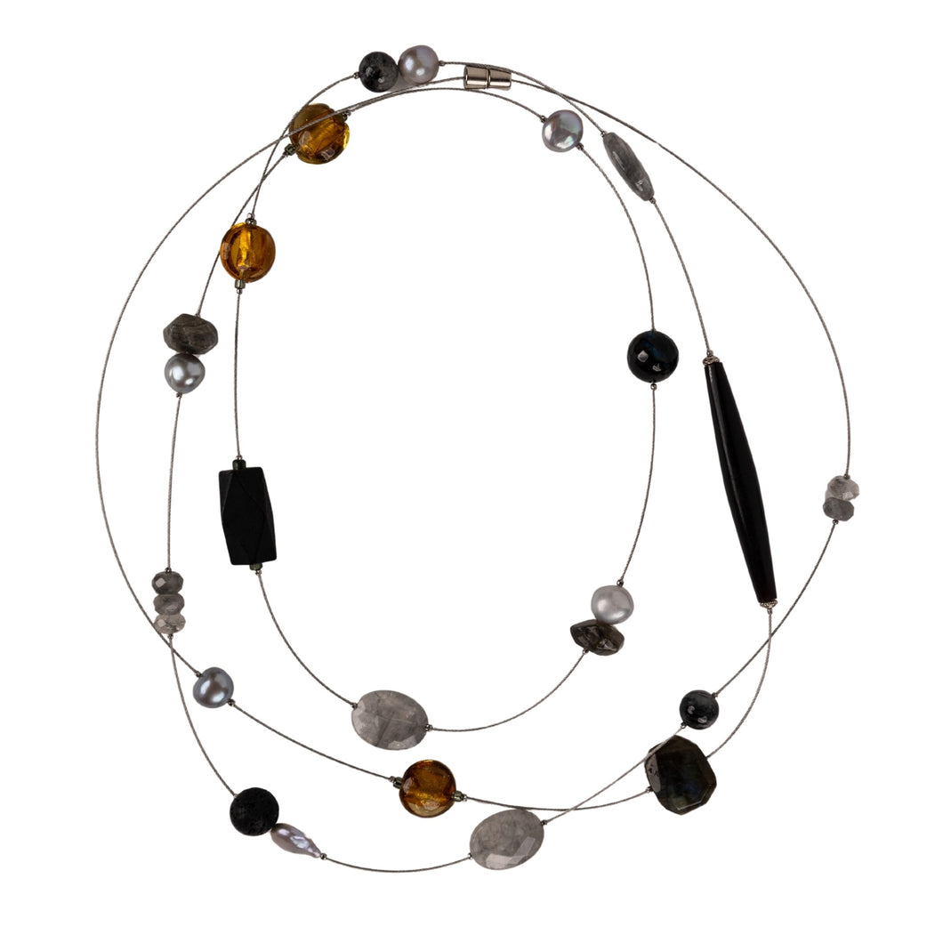 Lily Tsay Black Stone, Pearl and Amber Bead Necklace