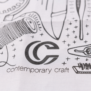 Illustrations of tools and a logo for 'contemporary craft' on a white background