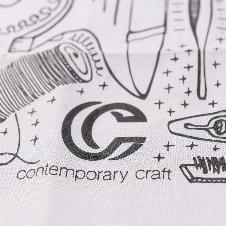 Illustrations of tools and a logo for 'contemporary craft' on a white background